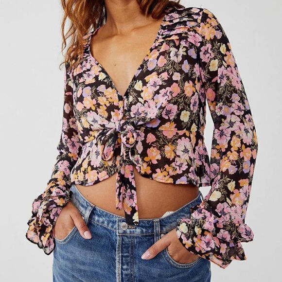 NWT Free People Maybel Top Sheer Floral Plunge V Neck Ruffled Cuff Bell Sleeves - Picture 3 of 11